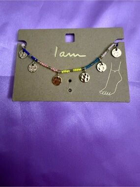 I AM Multicolor Beaded Anklet with Gold Disc Charms